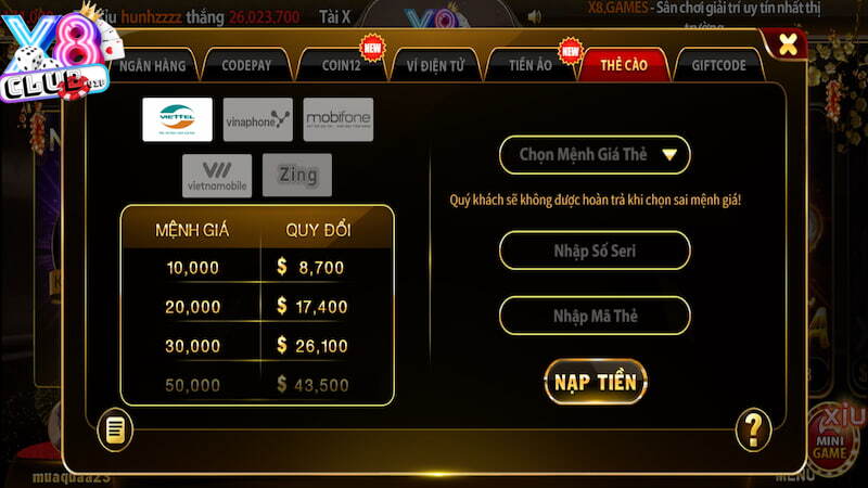 Hướng dẫn nạp tiền vào x8 Club bằng thẻ cào