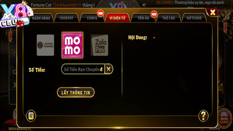 X8 Games nạp tiền bằng ví Momo